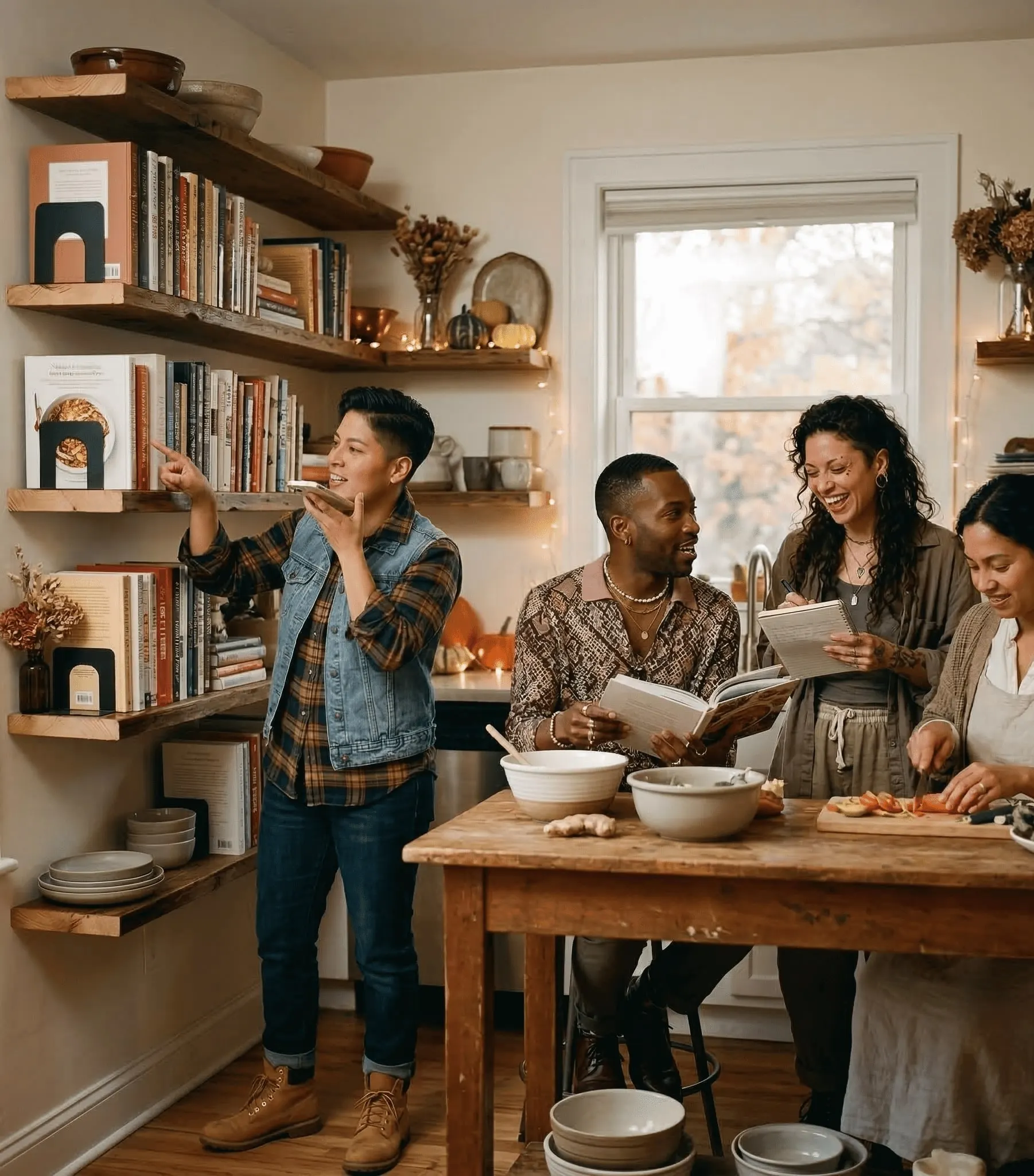 Friends preparing food together in a cozy kitchen lined with cookbooks
