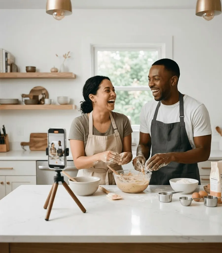 A couple filming themselves cooking together in a bright kitchen