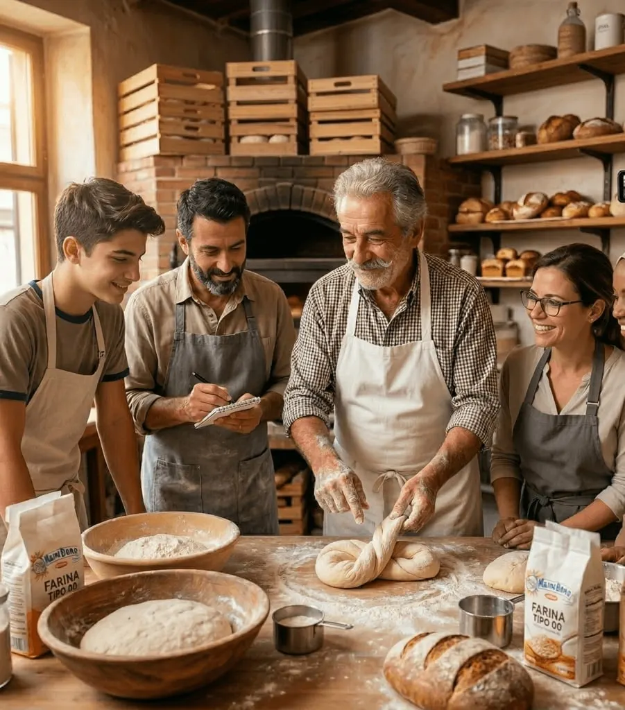 A family baking bread together in a busy home kitchen
