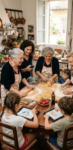 Three generations cooking together around a kitchen table