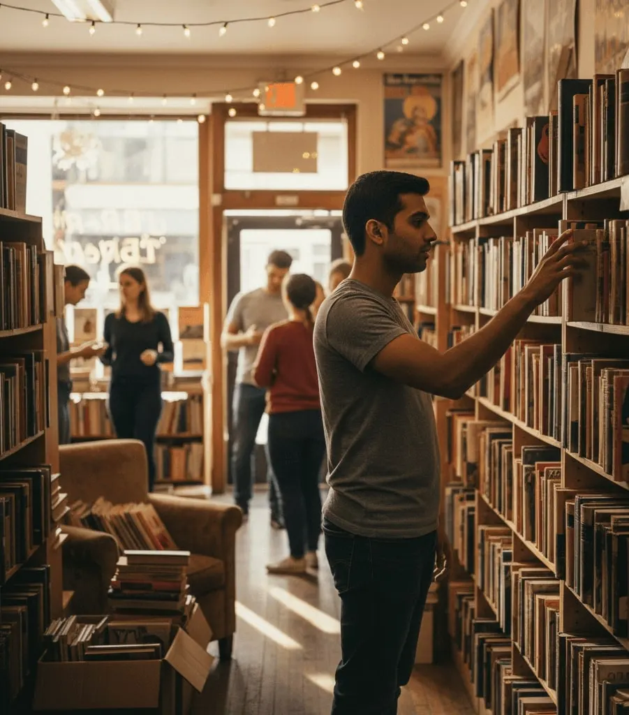 A man browsing the shelves of a bookstore for his next read
