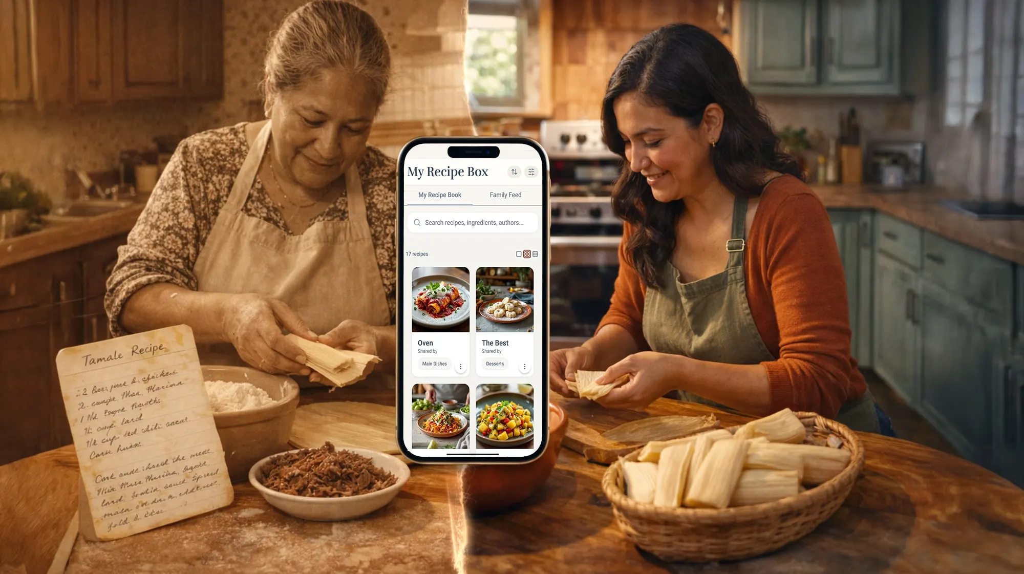 A grandmother and her niece making tamales together, with the ReciKey recipe box open on a phone between them