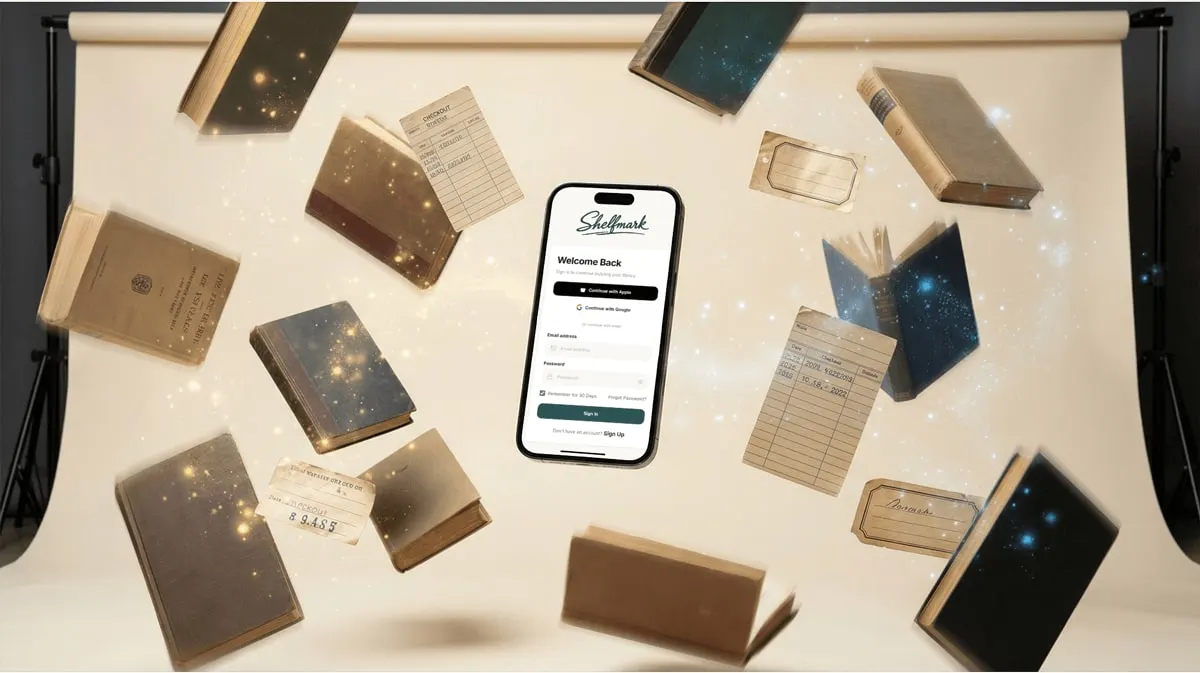 Old books floating around a phone showing the Shelfmark app