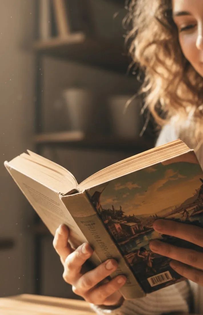 A woman reading an old book by a window