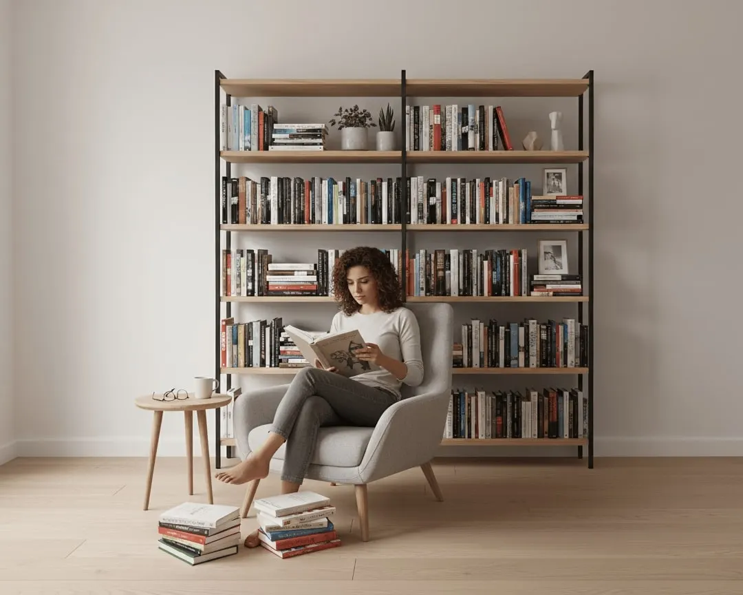 A woman reading in an armchair in front of her home library